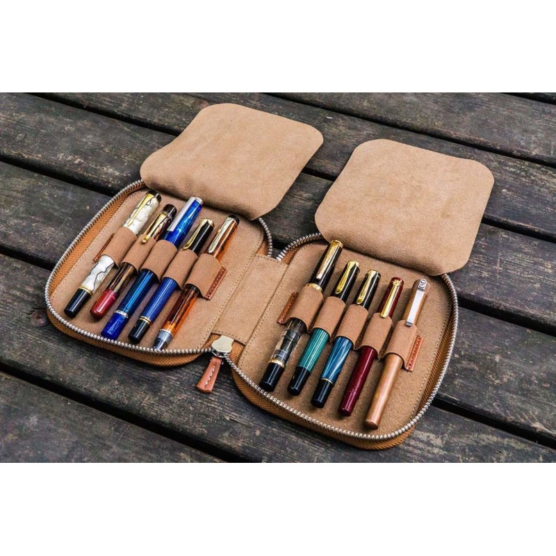 Galen Leather Pen Case Zippered 10 Slots in Brown