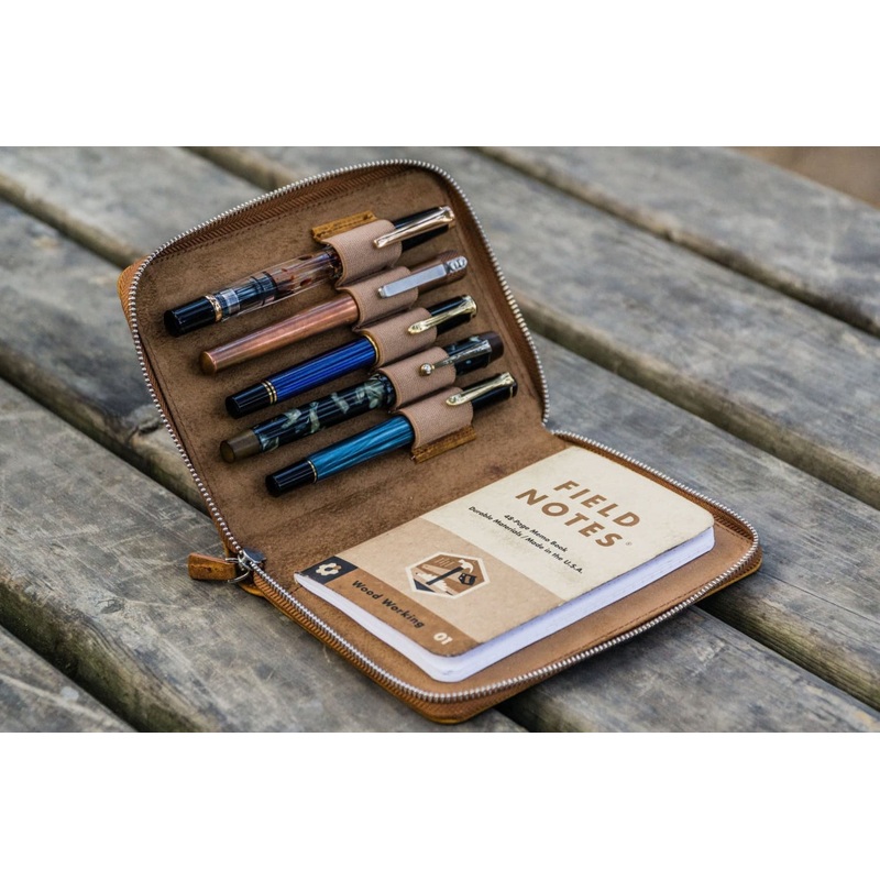 Galen Leather Pen Case Zippered 5 Slots in Crazy Horse Brown