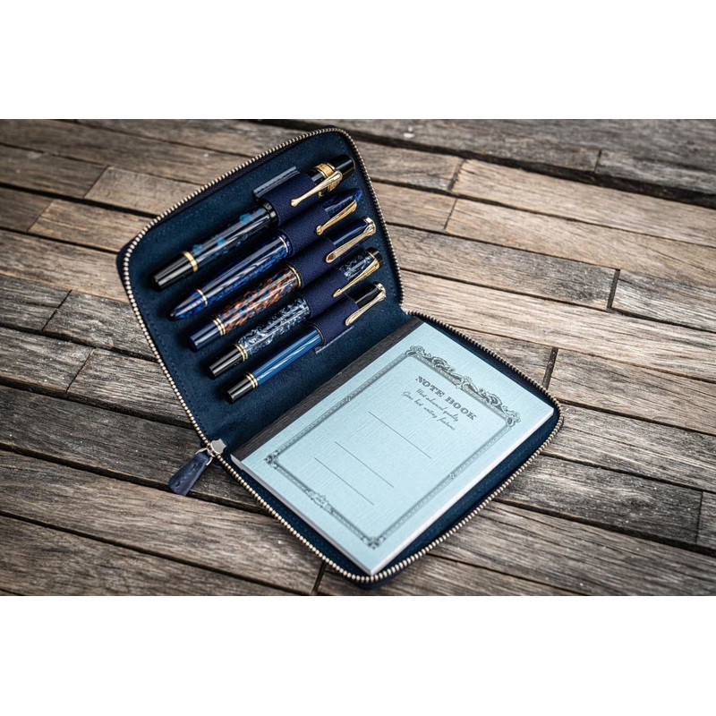 Galen Leather Pen Case Zippered 5 Slots in Crazy Horse Navy Blue