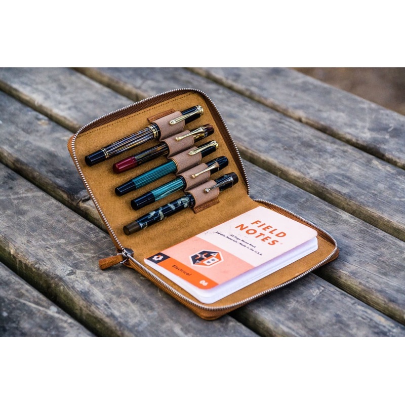 Galen Leather Pen Case Zippered 5 Slots in Rustic Brown
