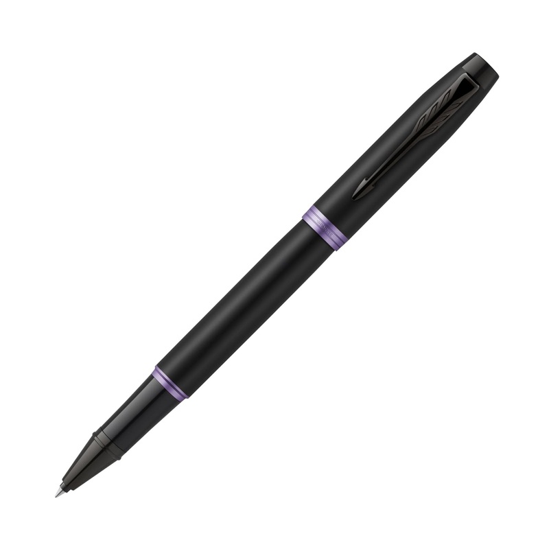 Parker IM Vibrant Rings Rollerball Pen in Satin Black Lacquer with Amethyst Purple Accents