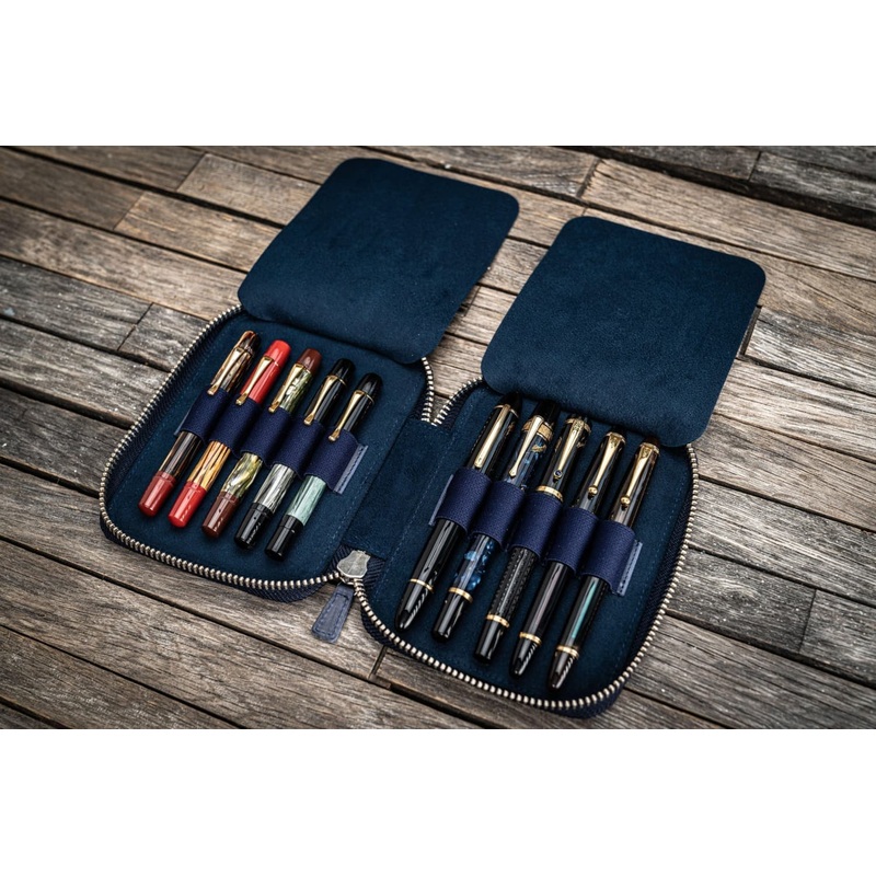 Galen Leather Pen Case Zippered 10 Slots in Crazy Horse Navy Blue