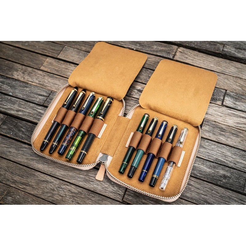 Galen Leather Pen Case Zippered 10 Slots in Undyed Leather