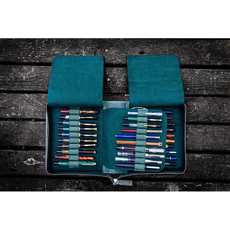 Galen Leather Pen Case Zippered 40 Slots in Crazy Horse Forest Green
