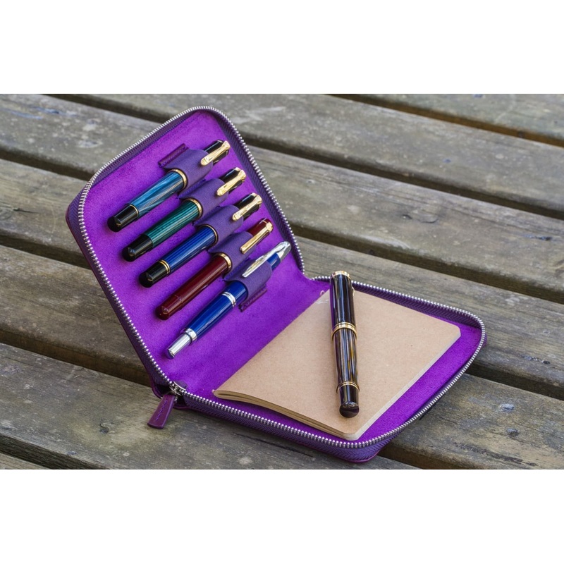 Galen Leather Pen Case Zippered 5 Slots in Purple