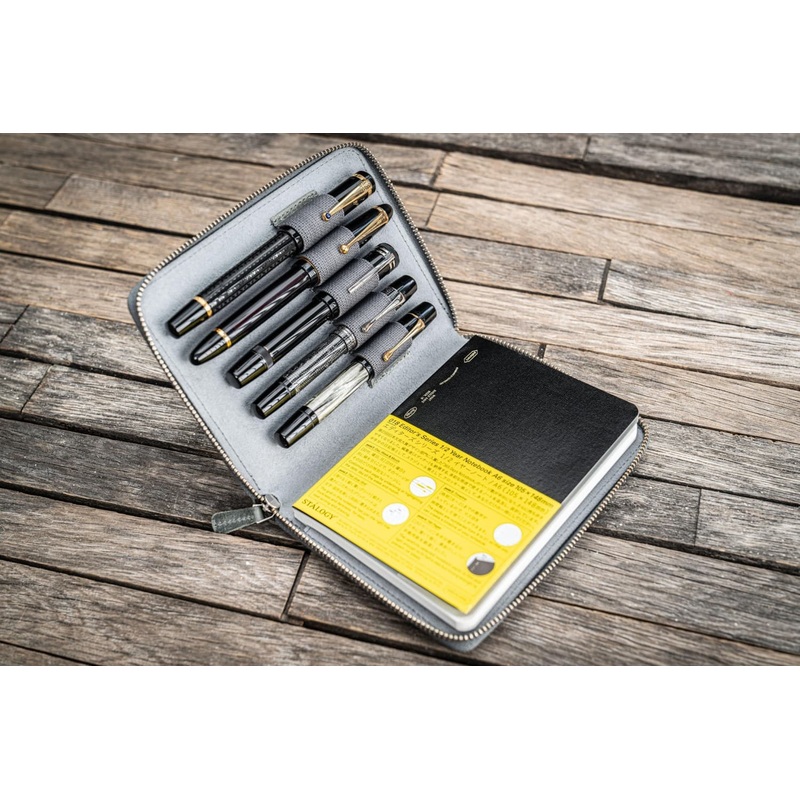 Galen Leather Pen Case Zippered 5 Slots in Smoky Grey