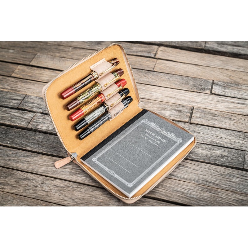Galen Leather Pen Case Zippered 5 Slots in Undyed Leather