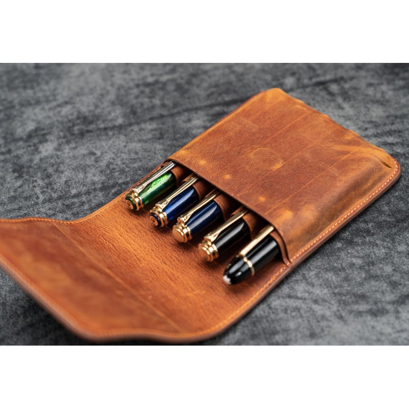Galen Leather Five Slot Flap Pen Case in Crazy Horse Brown
