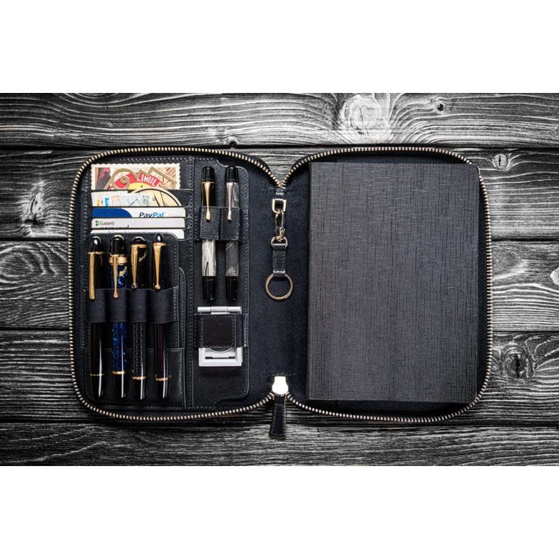 Galen Leather Zippered A5 Notebook Folio in Black