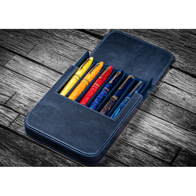 Galen Leather Magnum Opus Six Pen Hard Case with Removable Pen Tray in Crazy Horse Navy Blue