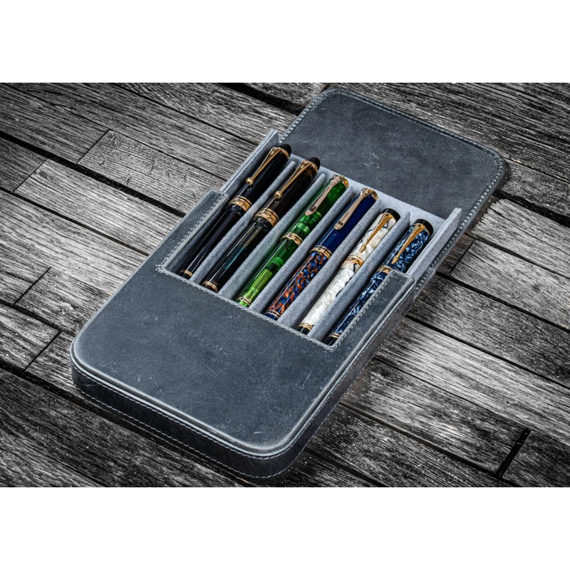 Galen Leather Magnum Opus Six Pen Hard Case with Removable Pen Tray in Crazy Horse Smoky Grey