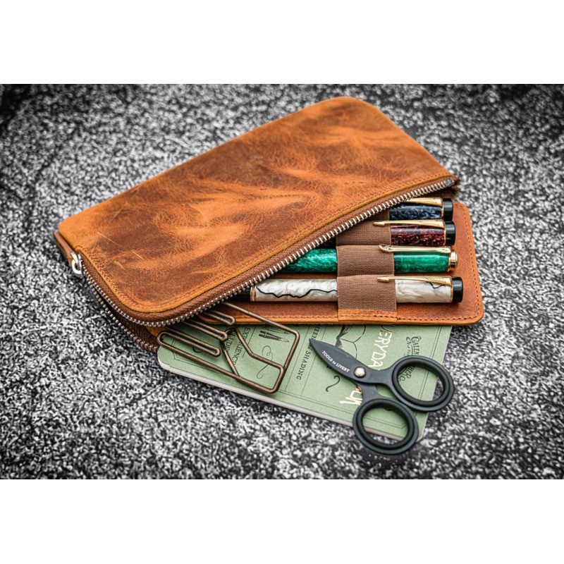 Galen Leather Slip-N-Zip Zippered 4 Slot Pen Pouch in Crazy Horse Brown