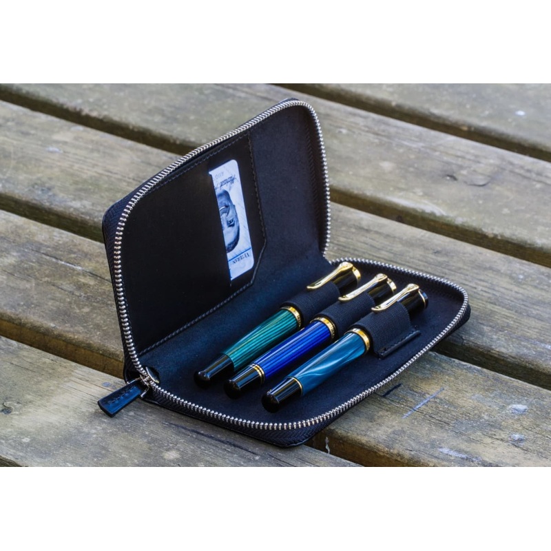 Galen Leather Zippered Three Pen Case in Black