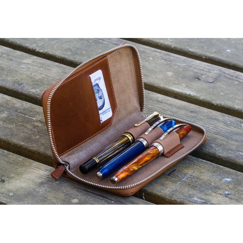 Galen Leather Zippered Three Pen Case in Brown