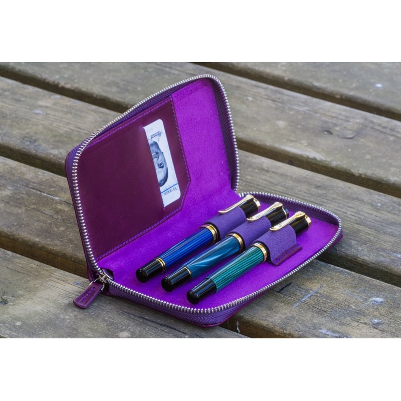 Galen Leather Zippered Three Pen Case in Purple