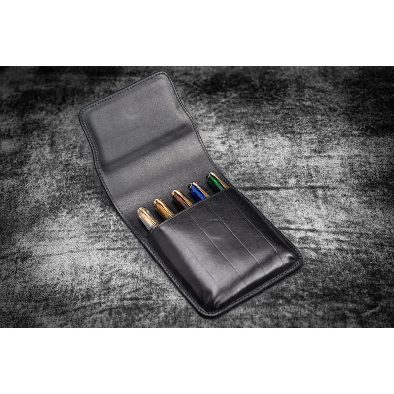Galen Leather Five Slot Flap Pen Case in Black