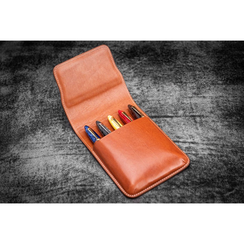Galen Leather Five Slot Flap Pen Case in Brown