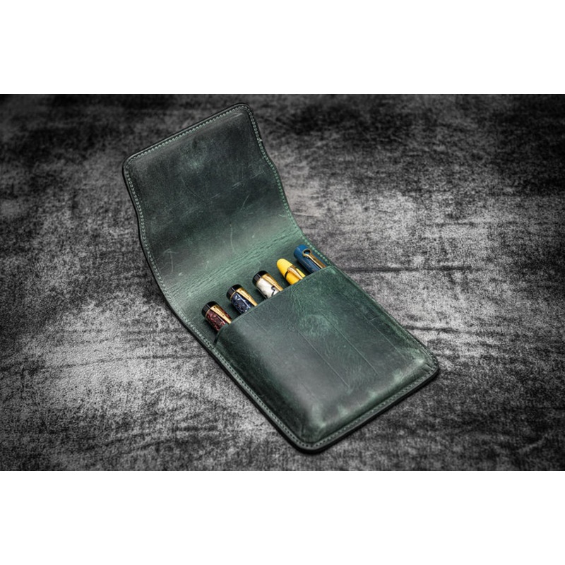 Galen Leather Five Slot Flap Pen Case in Crazy Horse Forest Green