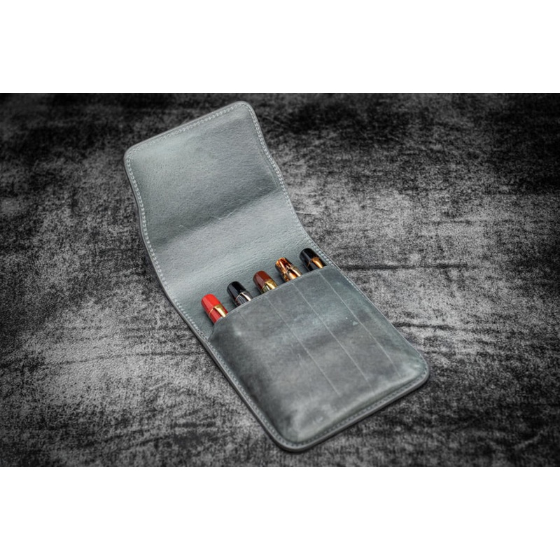 Galen Leather Five Slot Flap Pen Case in Crazy Horse Smokey Grey