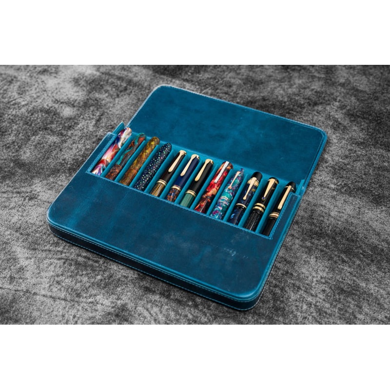 Galen Leather Magnum Opus 12 Slots Hard Pen Case in Crazy Horse Ocean Blue