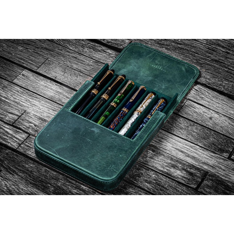 Galen Leather Magnum Opus 6 Slots Hard Pen Case in Crazy Horse Forest Green