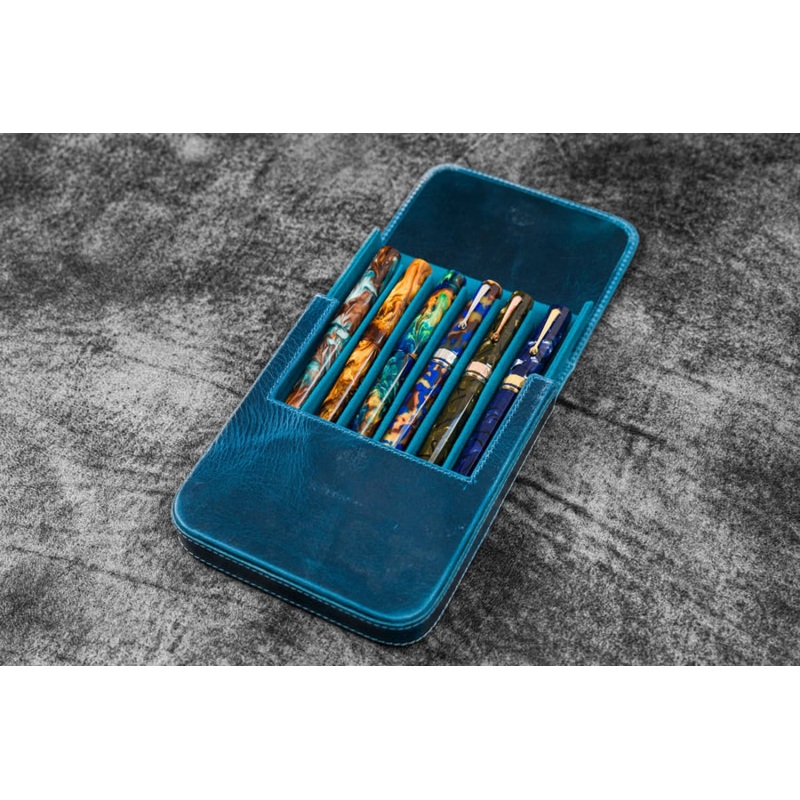 Galen Leather Magnum Opus 6 Slots Hard Pen Case in Crazy Horse Ocean Blue