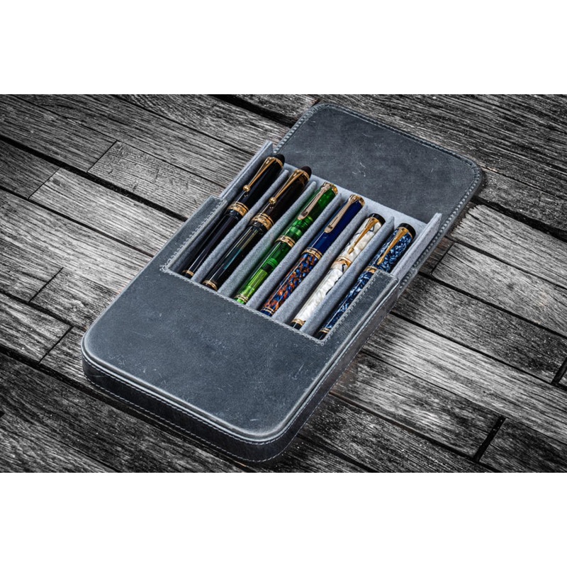 Galen Leather Magnum Opus 6 Slots Hard Pen Case in Crazy Horse Smokey Grey