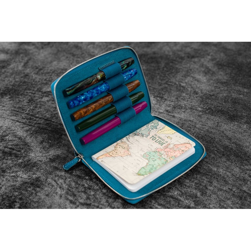Galen Leather Pen Case Zippered 5 Slots in Crazy Horse Ocean Blue