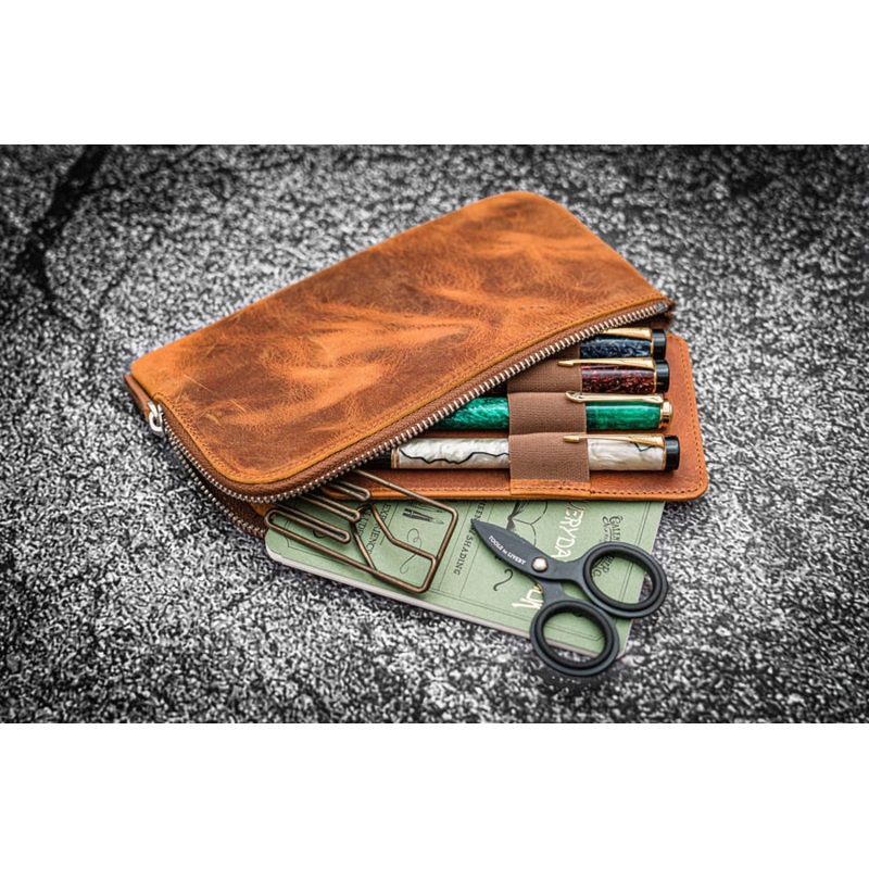 Galen Leather Slip-N-Zip 4 Slots Zippered Pen Pouch in Crazy Horse Brown