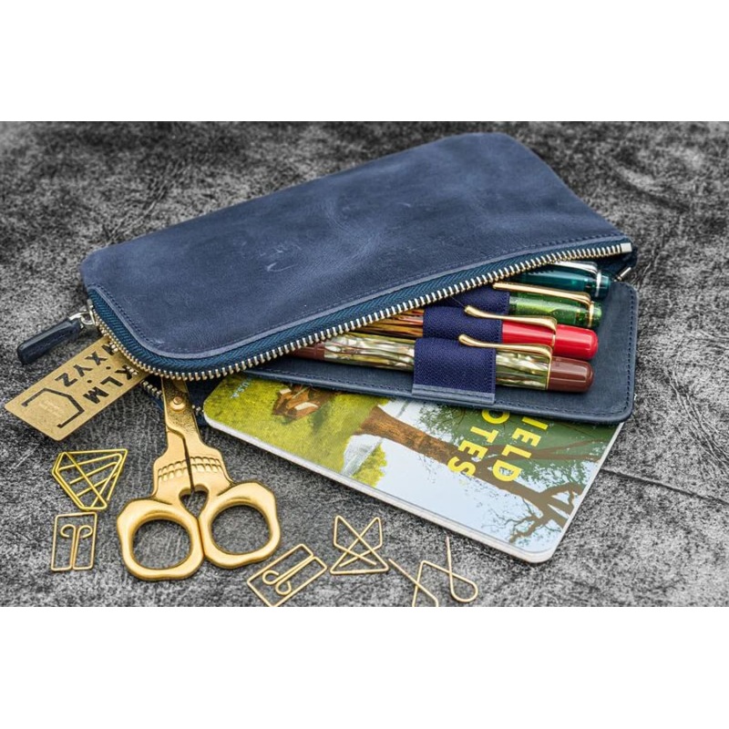 Galen Leather Slip-N-Zip 4 Slots Zippered Pen Pouch in Crazy Horse Navy Blue
