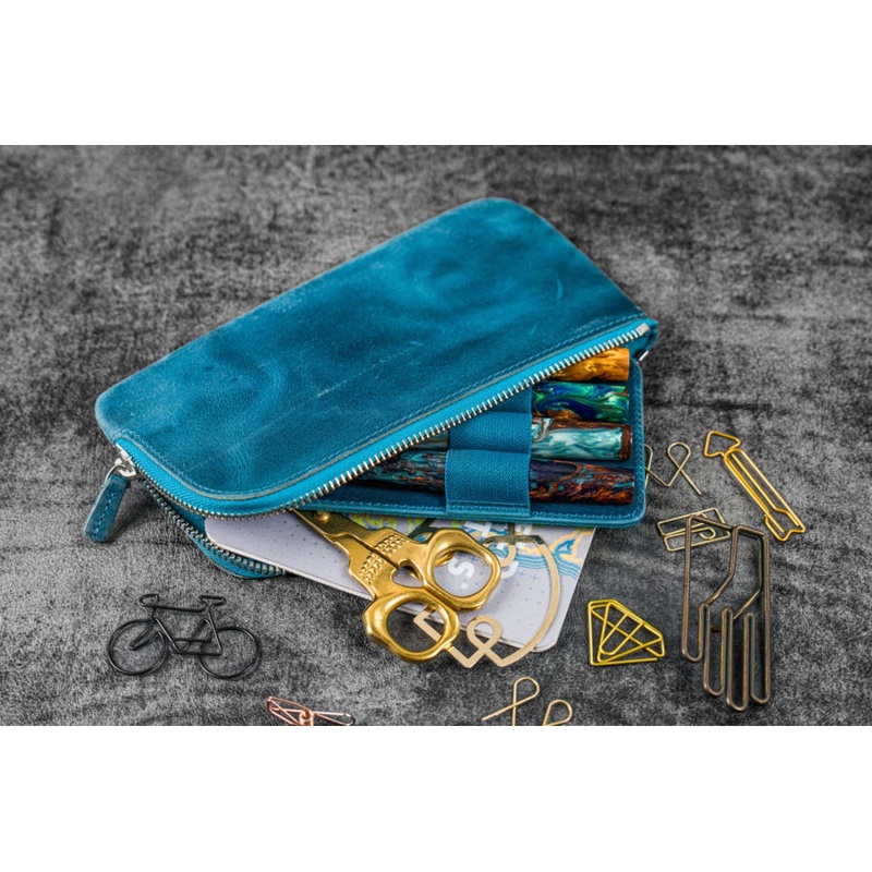 Galen Leather Slip-N-Zip 4 Slots Zippered Pen Pouch in Crazy Horse Ocean Blue