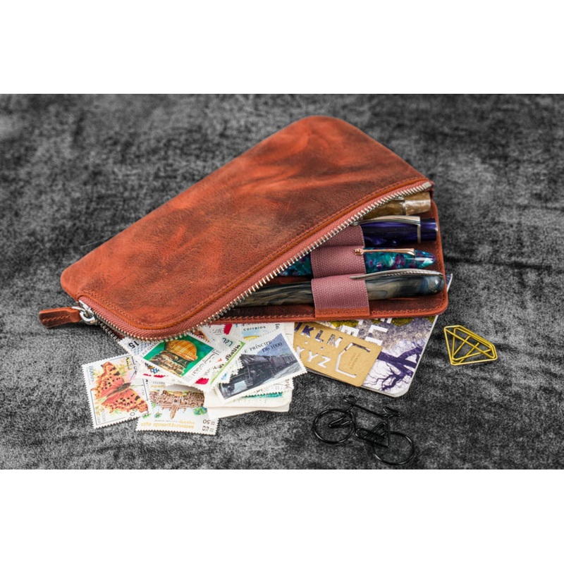 Galen Leather Slip-N-Zip 4 Slots Zippered Pen Pouch in Crazy Horse Orange