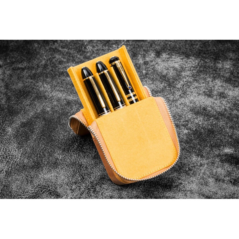 Galen Leather Zippered Magnum Opus Hard 3 Slots Pen Case in Crazy Horse Honey Ochre
