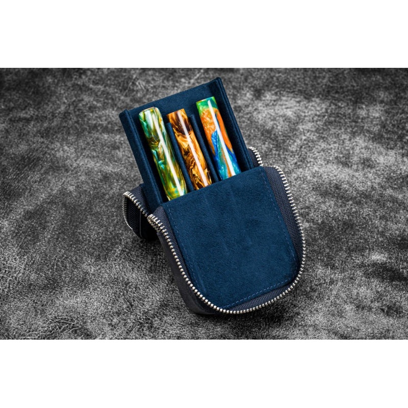 Galen Leather Zippered Magnum Opus Hard 3 Slots Pen Case in Crazy Horse Navy blue