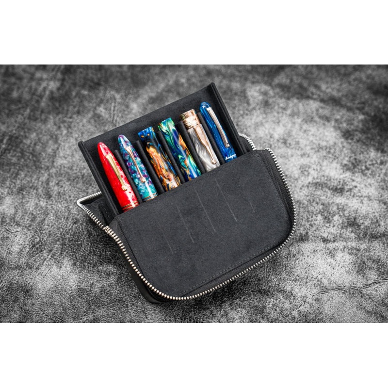 Galen Leather Zippered Magnum Opus Hard 6 Slots Pen Case in Black