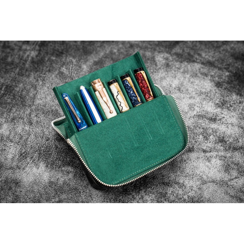 Galen Leather Zippered Magnum Opus Hard 6 Slots Pen Case in Crazy Horse Forest Green