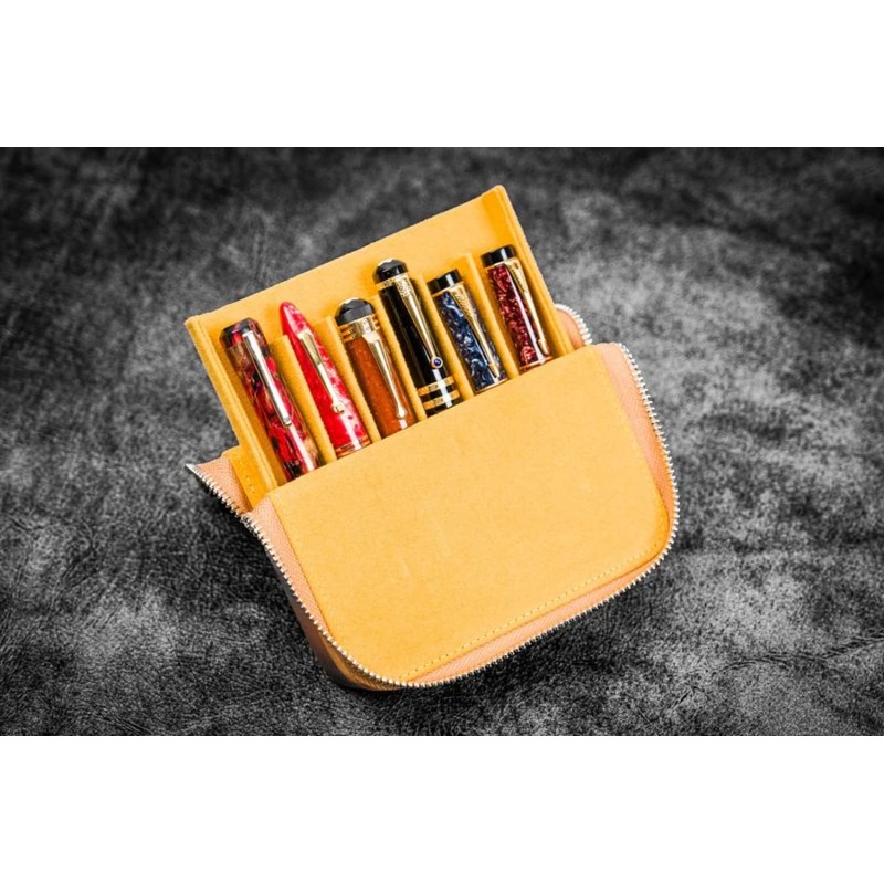 Galen Leather Zippered Magnum Opus Hard 6 Slots Pen Case in Crazy Horse Honey Ochre