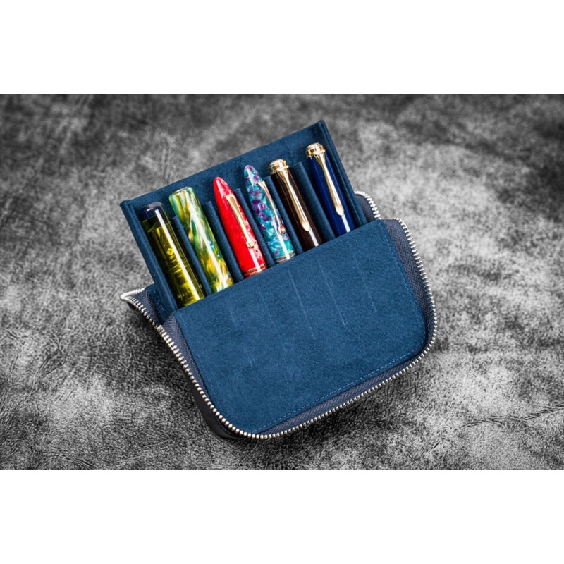 Galen Leather Zippered Magnum Opus Hard 6 Slots Pen Case in Crazy Horse Navy Blue