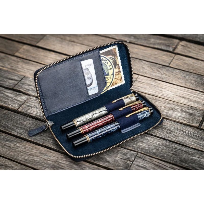 Galen Leather Zippered Three Pen Case in Navy Blue