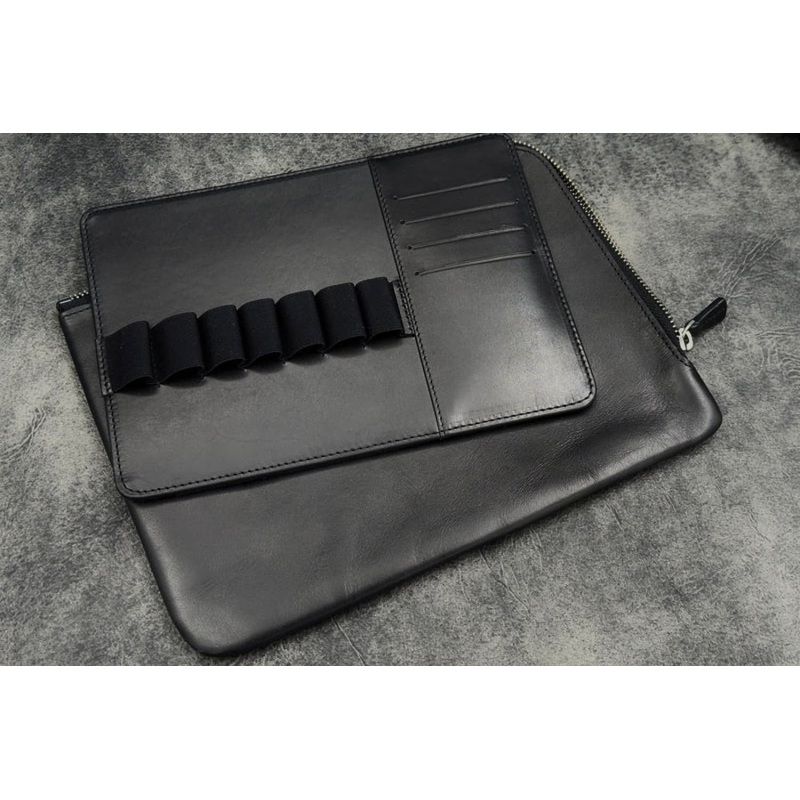 Galen Leather Zippered Writer's Bank Bag in Black