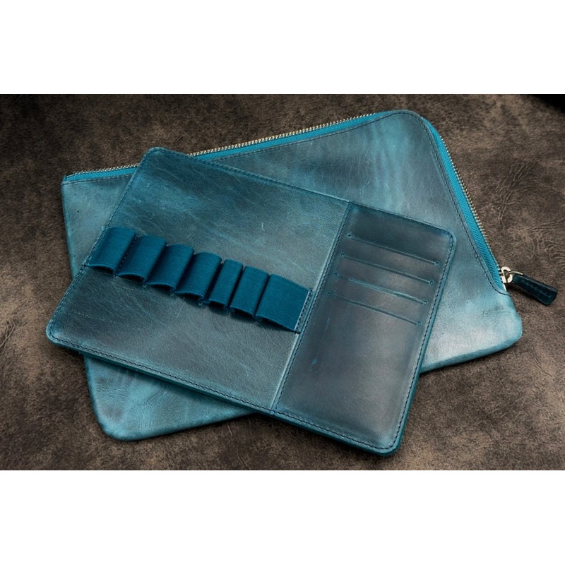 Galen Leather Zippered Writer's Bank Bag in Crazy Horse Ocean Blue