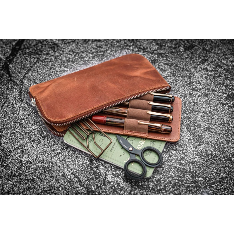 Galen Leather Slip-N-Zip 4 Slots Zippered Pen Pouch in Crazy Horse Tan