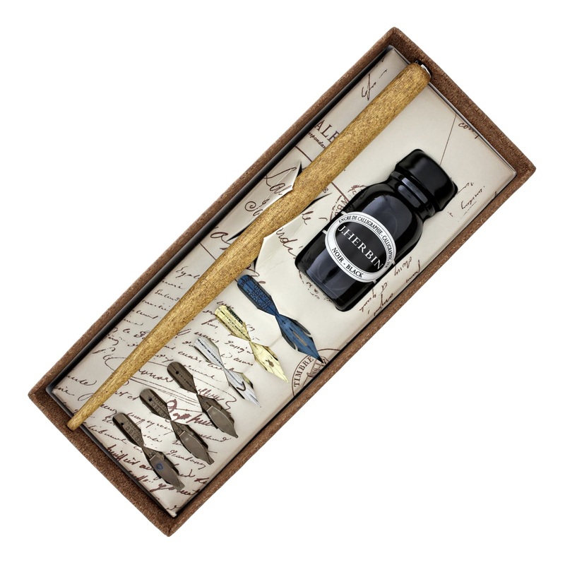 Brause Calligraphy Set - 6 Nibs, 1 Wood Nib Holder, and 1 Bottle Black Ink