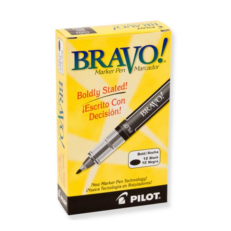 Pilot Bravo Liquid Ink Marker Pen in Black - Bold Point - Pack of 12
