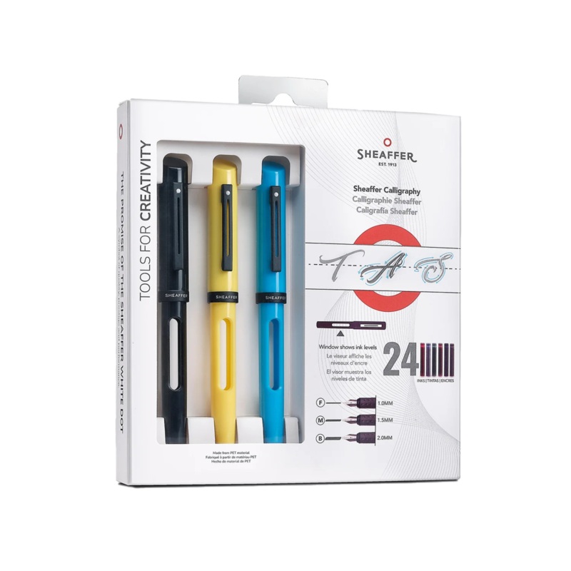 Sheaffer Calligraphy Glossy Black, Blue and Yellow Fountain pens Maxikit in Hangsell - F, M, B nibs