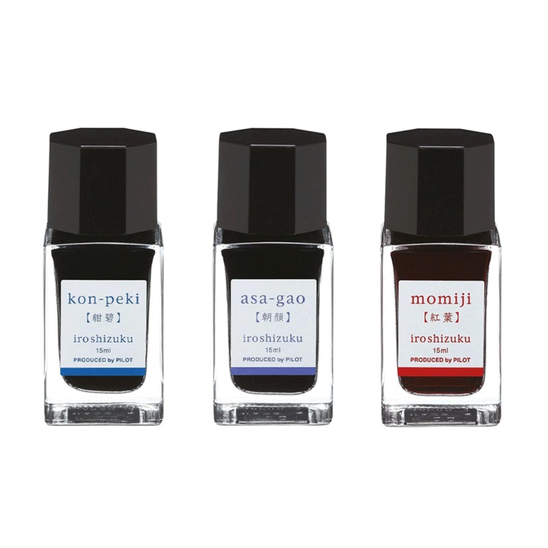 PILOT, Ink 3 Bottle - IROSHIZUKU CC D Deep Cerulean Blue KON-PEKI + Morning Glory ASA-GAO + Autumn Leaves MOMIJI (15mL).